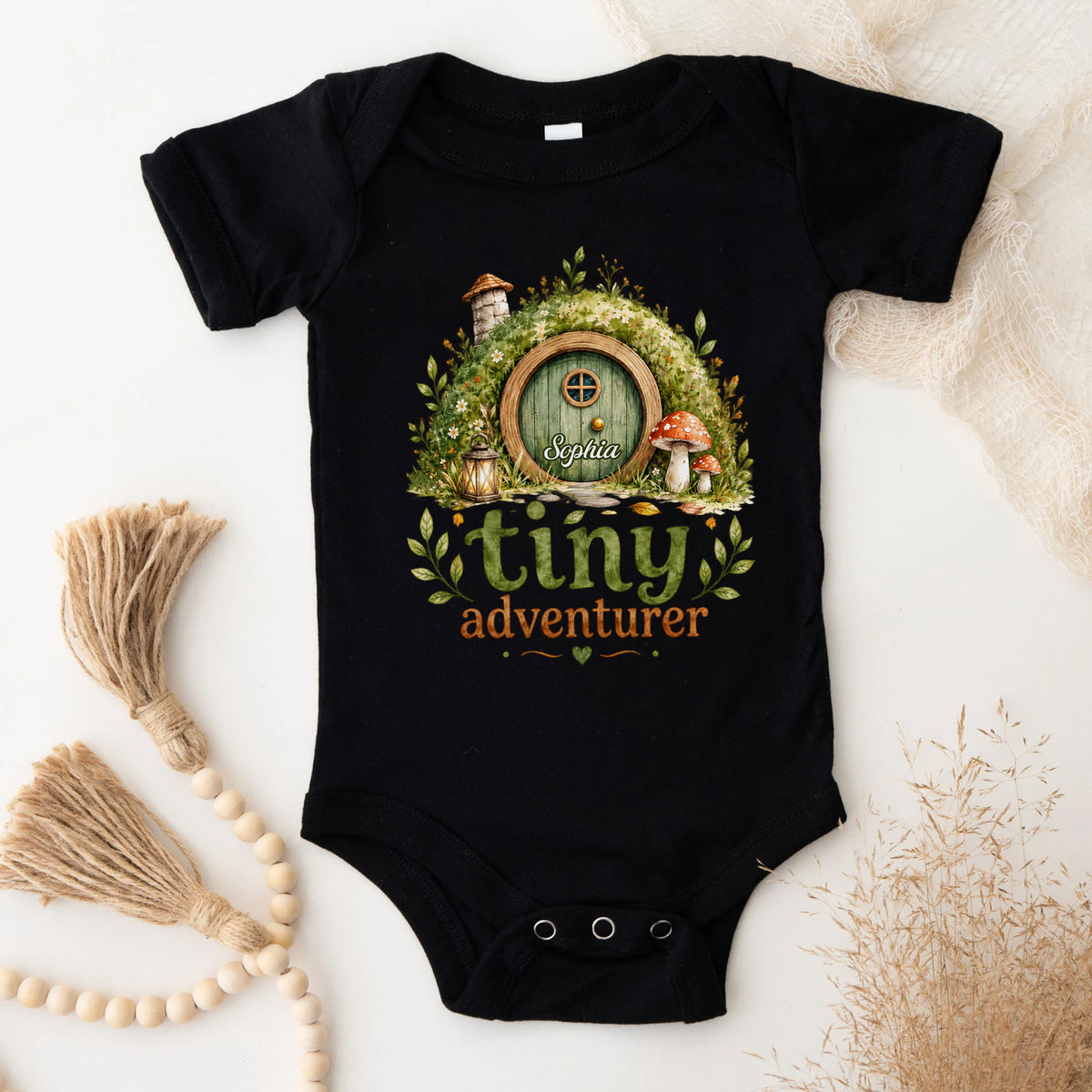 Tiny Adventurer- Personalized Baby Onesie,  Hobbit Hole Bodysuit, Newborn Bodysuit, Baby Shower Gift