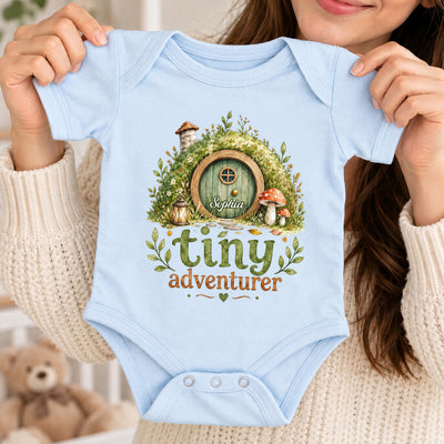 Tiny Adventurer- Personalized Baby Onesie,  Hobbit Hole Bodysuit, Newborn Bodysuit, Baby Shower Gift