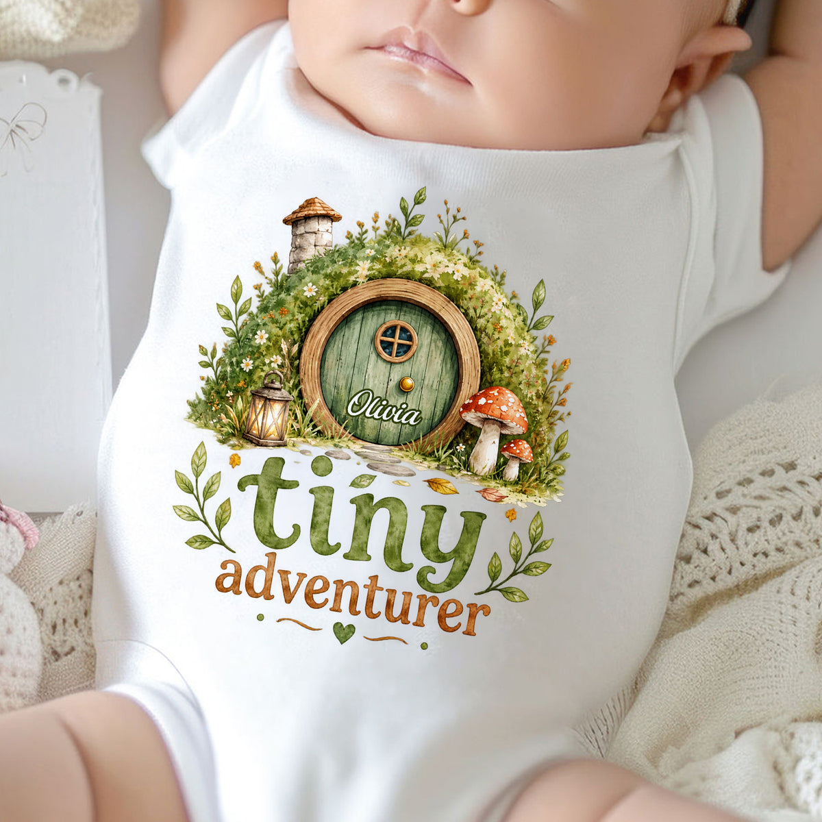 Tiny Adventurer- Personalized Baby Onesie,  Hobbit Hole Bodysuit, Newborn Bodysuit, Baby Shower Gift