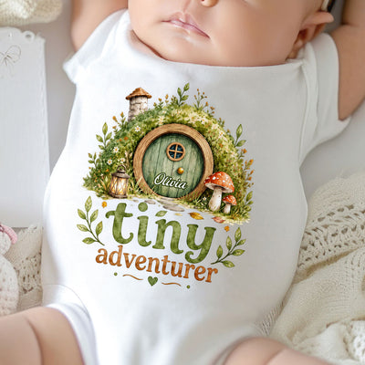 Tiny Adventurer- Personalized Baby Onesie,  Hobbit Hole Bodysuit, Newborn Bodysuit, Baby Shower Gift