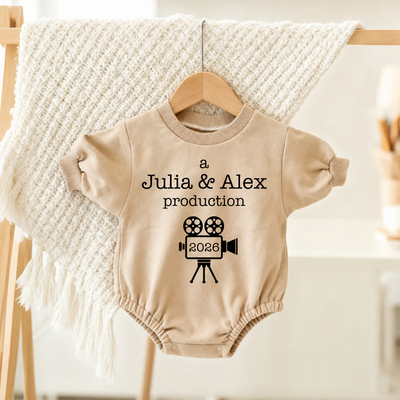 A Mom & Dad Production - Personalized Baby Romper Sweatshirt-2 Side Print, Gift For Parents, Baby Onesie With Custom Parents’ Name