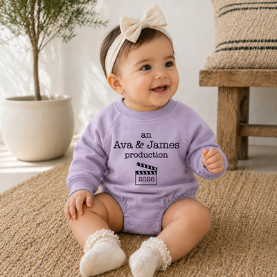 A Mom & Dad Production - Personalized Baby Romper Sweatshirt-2 Side Print, Gift For Parents, Baby Onesie With Custom Parents’ Name