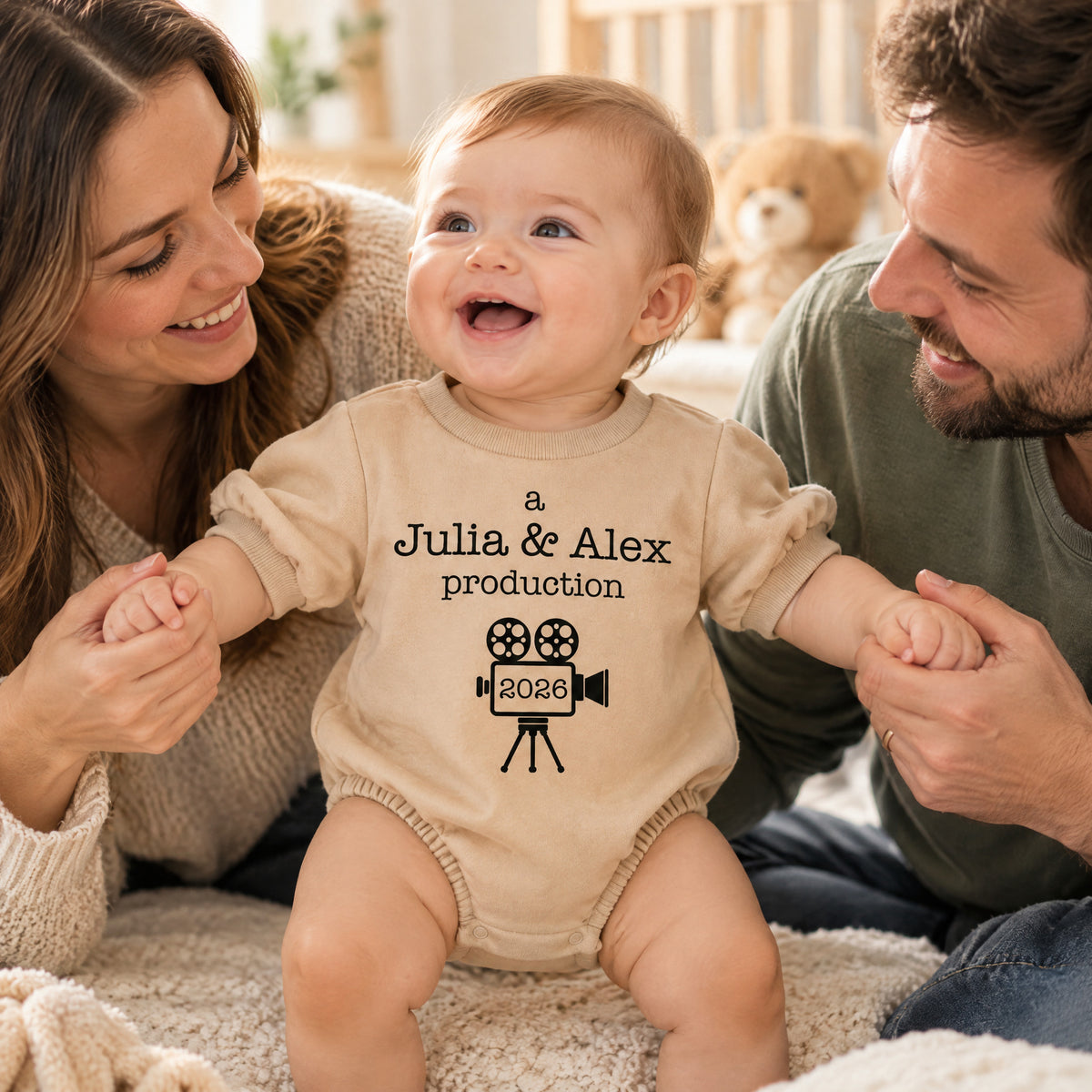 A Mom &amp; Dad Production - Personalized Baby Romper Sweatshirt-2 Side Print, Gift For Parents, Baby Onesie With Custom Parents’ Name