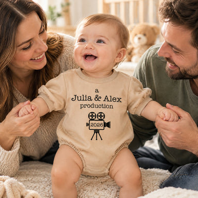 A Mom & Dad Production - Personalized Baby Romper Sweatshirt-2 Side Print, Gift For Parents, Baby Onesie With Custom Parents’ Name
