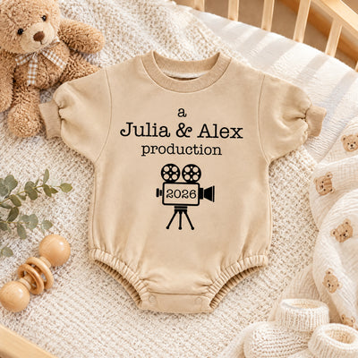 A Mom & Dad Production - Personalized Baby Romper Sweatshirt-2 Side Print, Gift For Parents, Baby Onesie With Custom Parents’ Name