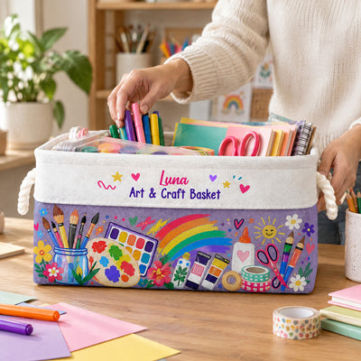 My Little World Of Colors - Personalized Book Storage Basket, Custom Name Rainbow Art Supplies Basket