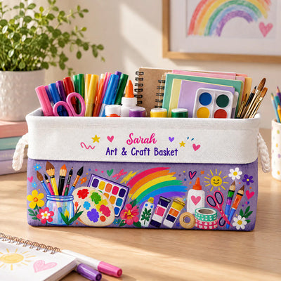 My Little World Of Colors - Personalized Book Storage Basket, Custom Name Rainbow Art Supplies Basket