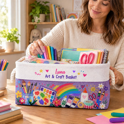 My Little World Of Colors - Personalized Book Storage Basket, Custom Name Rainbow Art Supplies Basket