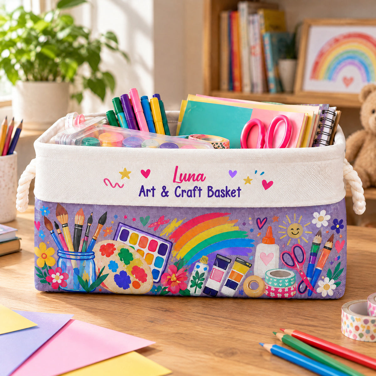 My Little World Of Colors - Personalized Book Storage Basket, Custom Name Rainbow Art Supplies Basket