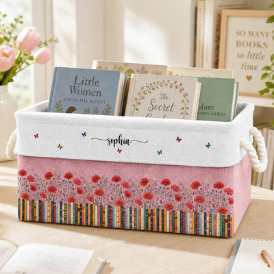 A Cozy Home For The Stories You Love Most, Personalized Book Storage Basket , Custom Birth Flower Book Basket With Name