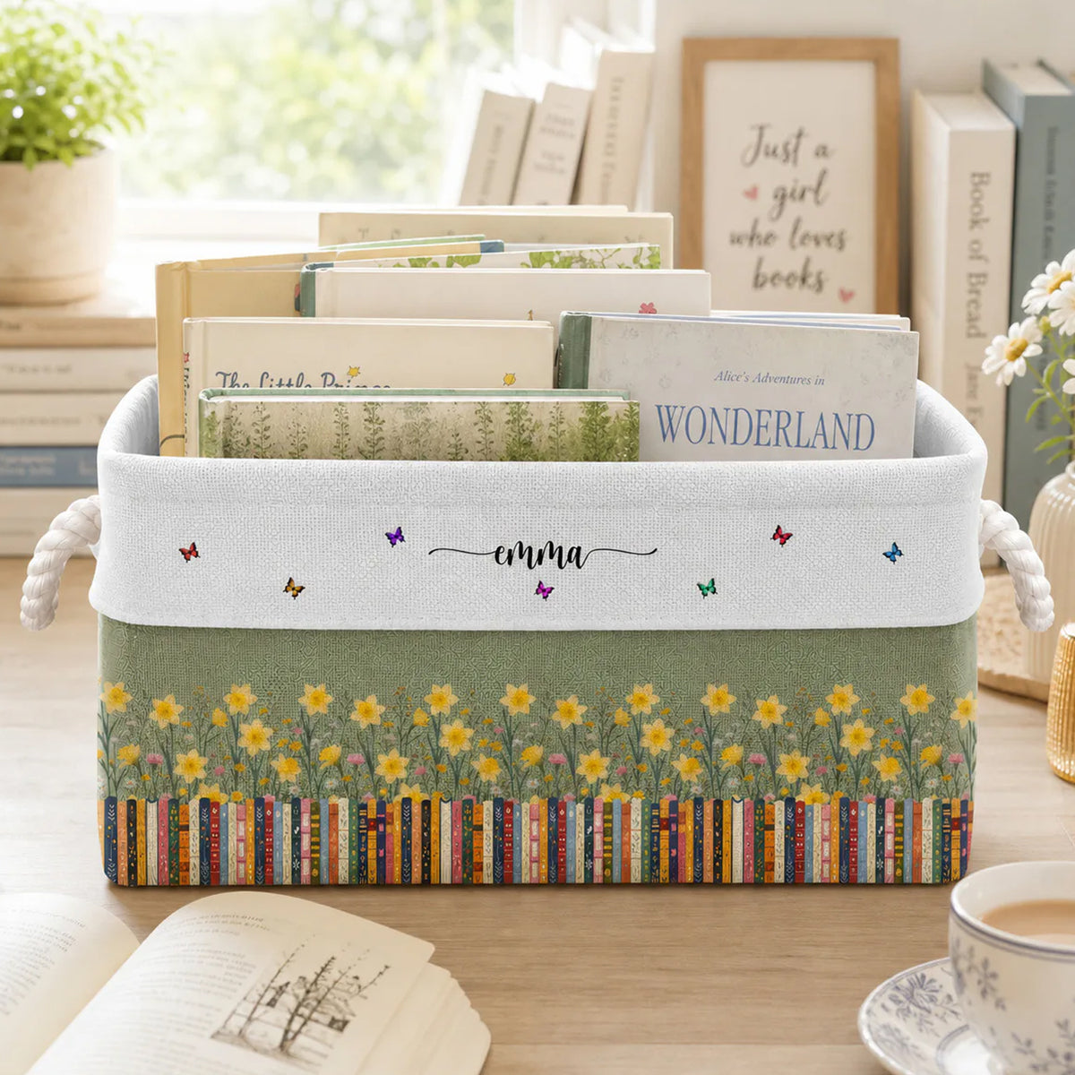 A Cozy Home For The Stories You Love Most, Personalized Book Storage Basket , Custom Birth Flower Book Basket With Name