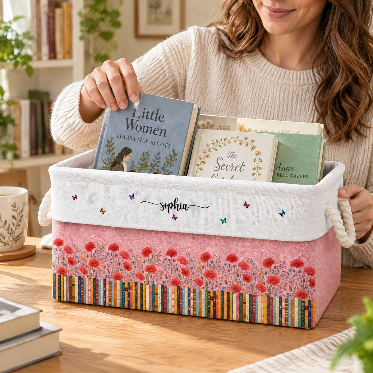 A Cozy Home For The Stories You Love Most, Personalized Book Storage Basket , Custom Birth Flower Book Basket With Name