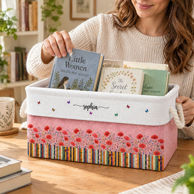 A Cozy Home For The Stories You Love Most, Personalized Book Storage Basket , Custom Birth Flower Book Basket With Name