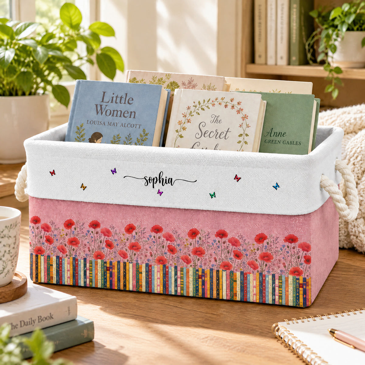 A Cozy Home For The Stories You Love Most, Personalized Book Storage Basket , Custom Birth Flower Book Basket With Name