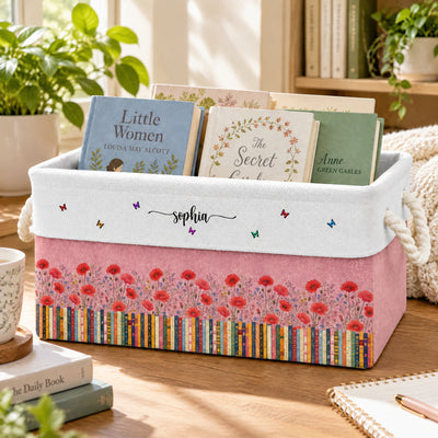 A Cozy Home For The Stories You Love Most, Personalized Book Storage Basket , Custom Birth Flower Book Basket With Name