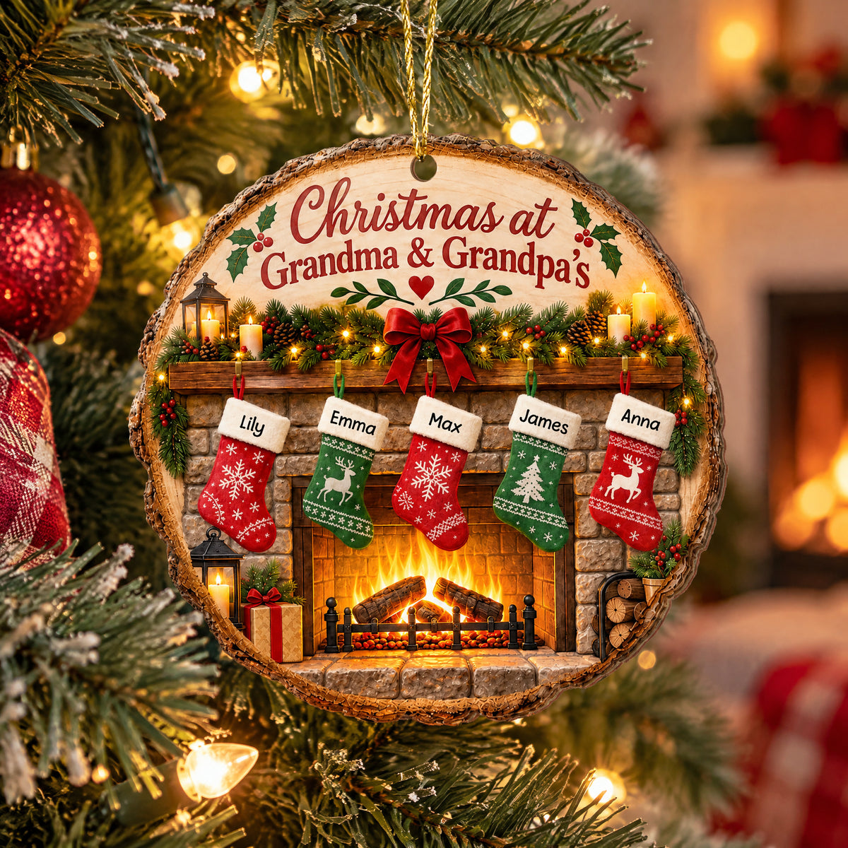 Grandma Grandpa's Cozy Fireplace Stockings - Personalized Wooden Ornament, Grandma Christmas Gift, Grandpa Chrstmas Home Decor