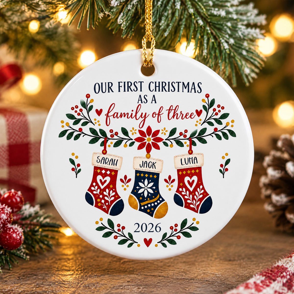 Folk Art Floral - Personalized Ceramic Ornament, Family Gift, Christmas Folk Art Home Decor