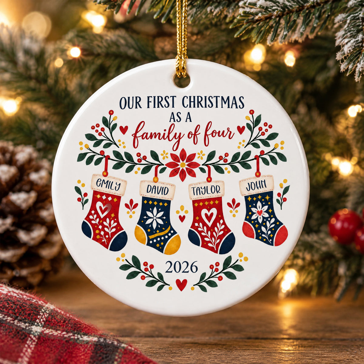 Folk Art Floral - Personalized Ceramic Ornament, Family Gift, Christmas Folk Art Home Decor