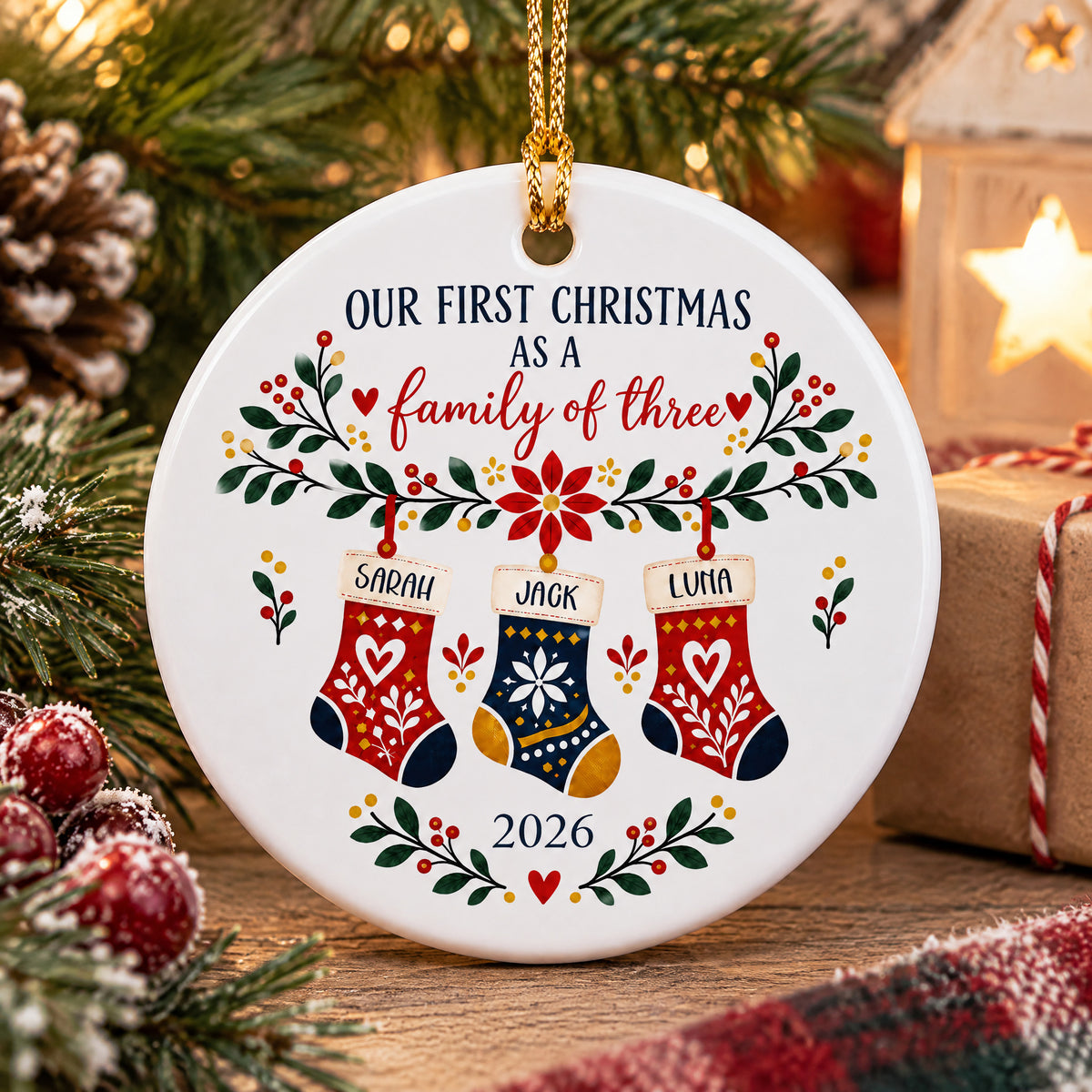 Folk Art Floral - Personalized Ceramic Ornament, Family Gift, Christmas Folk Art Home Decor