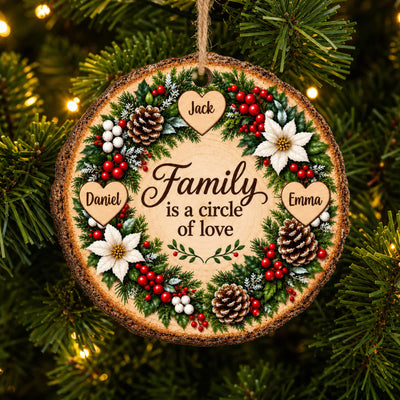 Floral Wreath Family Names- Personalized Wooden Ornament, Family Christmas Home Decor