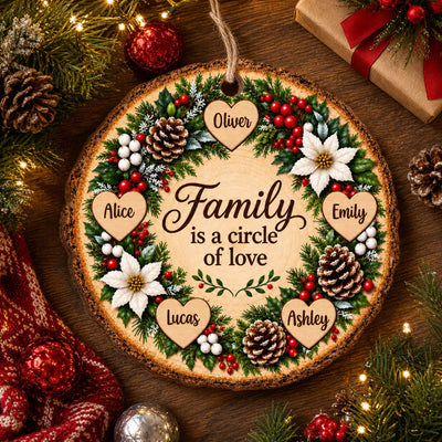 Floral Wreath Family Names- Personalized Wooden Ornament, Family Christmas Home Decor