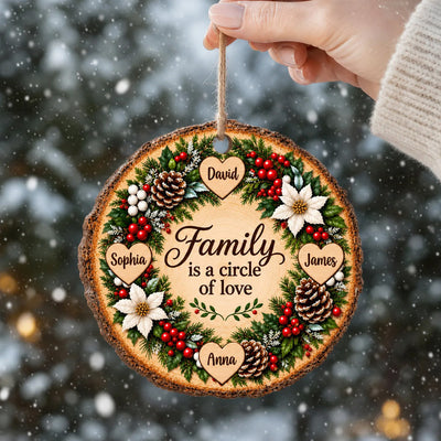 Floral Wreath Family Names- Personalized Wooden Ornament, Family Christmas Home Decor