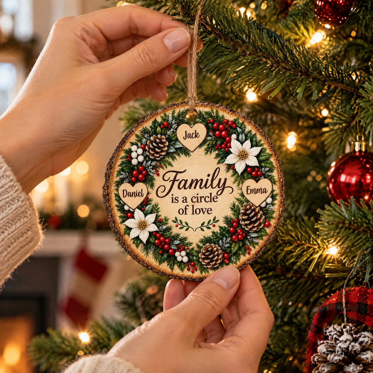 Floral Wreath Family Names- Personalized Wooden Ornament, Family Christmas Home Decor