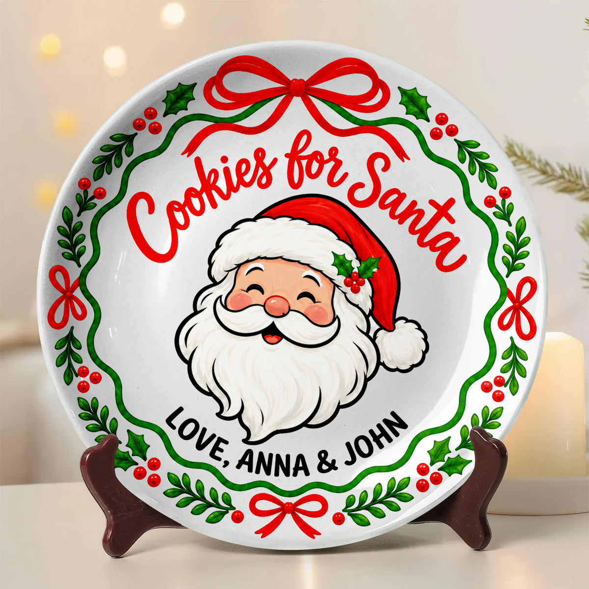 Personalized Cookies For Santa Ceramic Round Plate on a dark stand beside a candle, front view