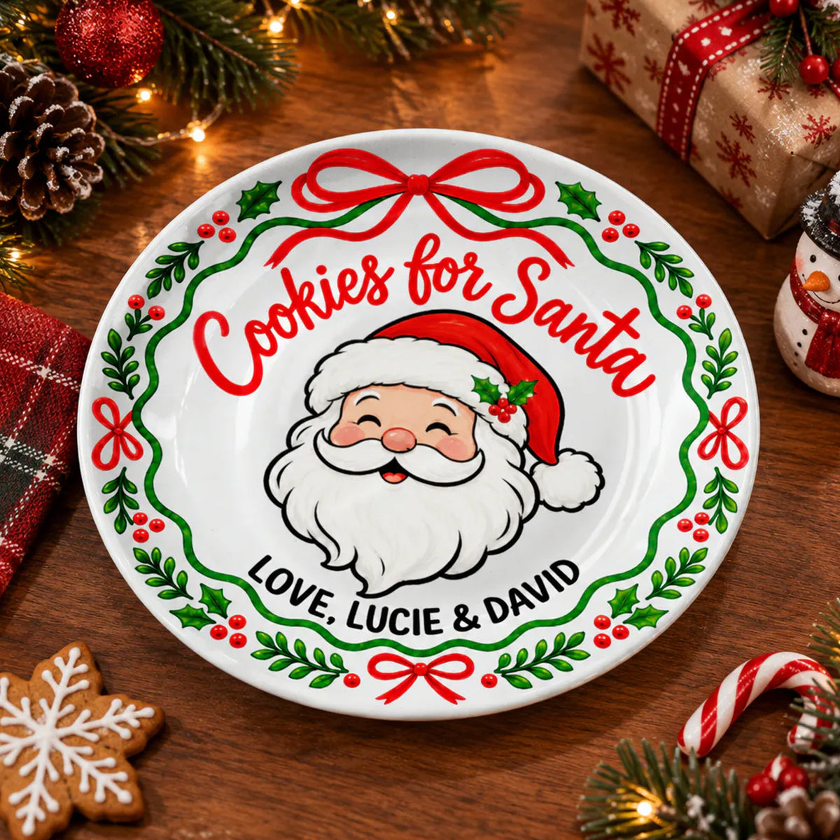 Personalized Cookies For Santa Ceramic Round Plate on a wooden table with a gingerbread cookie and candy cane