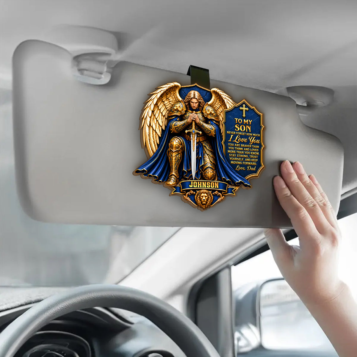 To My Son Never Forget How Much I Love You- Personalized Car Visor Clip, Catholic Gift, Faith &amp; Protection Gift For Son