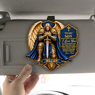 To My Son Never Forget How Much I Love You- Personalized Car Visor Clip, Catholic Gift, Faith & Protection Gift For Son