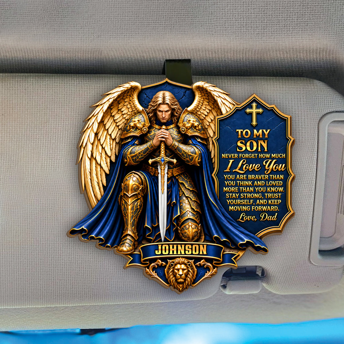 To My Son Never Forget How Much I Love You- Personalized Car Visor Clip, Catholic Gift, Faith &amp; Protection Gift For Son