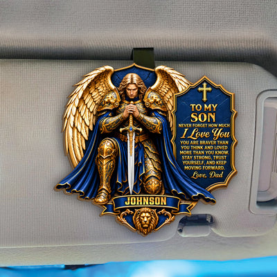 To My Son Never Forget How Much I Love You- Personalized Car Visor Clip, Catholic Gift, Faith & Protection Gift For Son