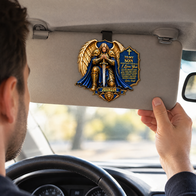 To My Son Never Forget How Much I Love You- Personalized Car Visor Clip, Catholic Gift, Faith & Protection Gift For Son
