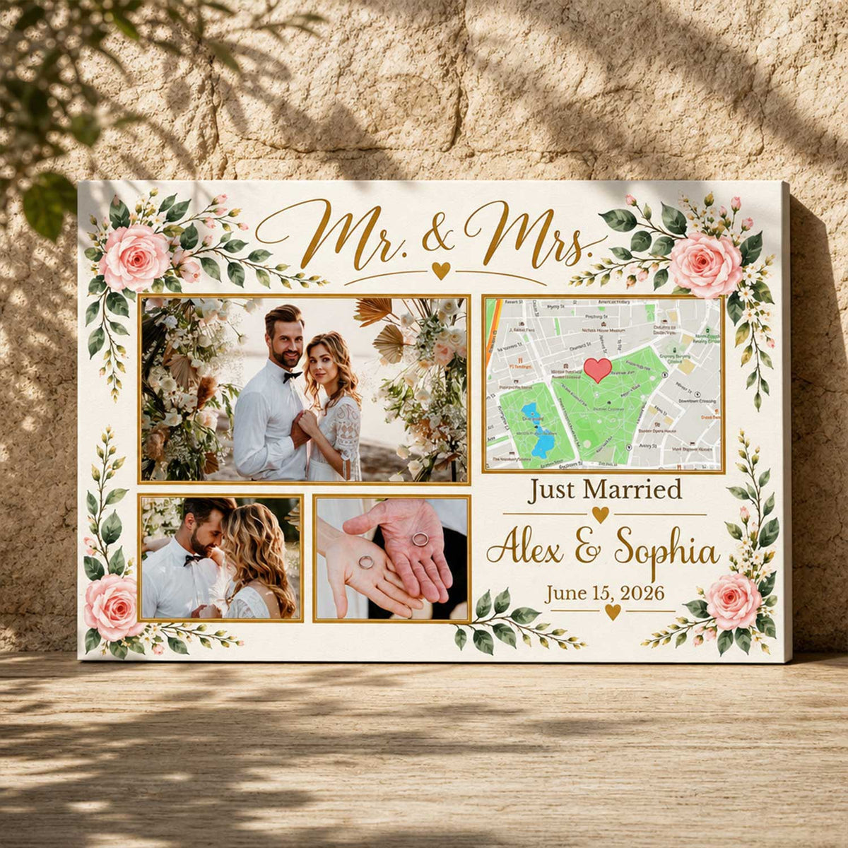Just Married Wedding Photoa Collage Canvs, Custom Couple Names and Wedding Date Map Print, Mr and Mrs Floral Marriage Keepsake, Romantic Newlywed Gift for Couples