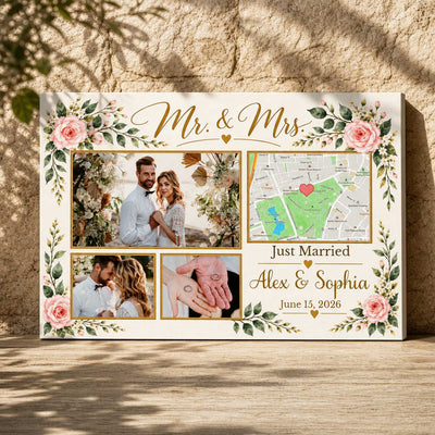 Just Married Wedding Photoa Collage Canvs, Custom Couple Names and Wedding Date Map Print, Mr and Mrs Floral Marriage Keepsake, Romantic Newlywed Gift for Couples