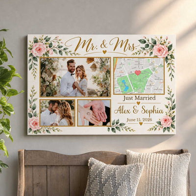 Just Married Wedding Photoa Collage Canvs, Custom Couple Names and Wedding Date Map Print, Mr and Mrs Floral Marriage Keepsake, Romantic Newlywed Gift for Couples