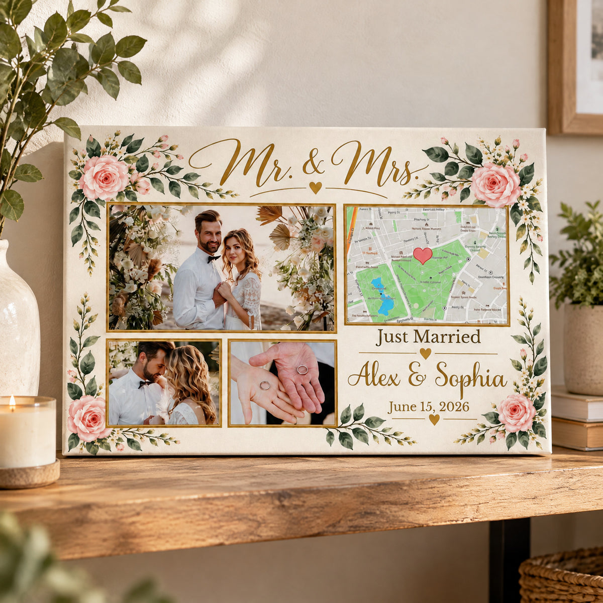 Just Married Wedding Photoa Collage Canvs, Custom Couple Names and Wedding Date Map Print, Mr and Mrs Floral Marriage Keepsake, Romantic Newlywed Gift for Couples