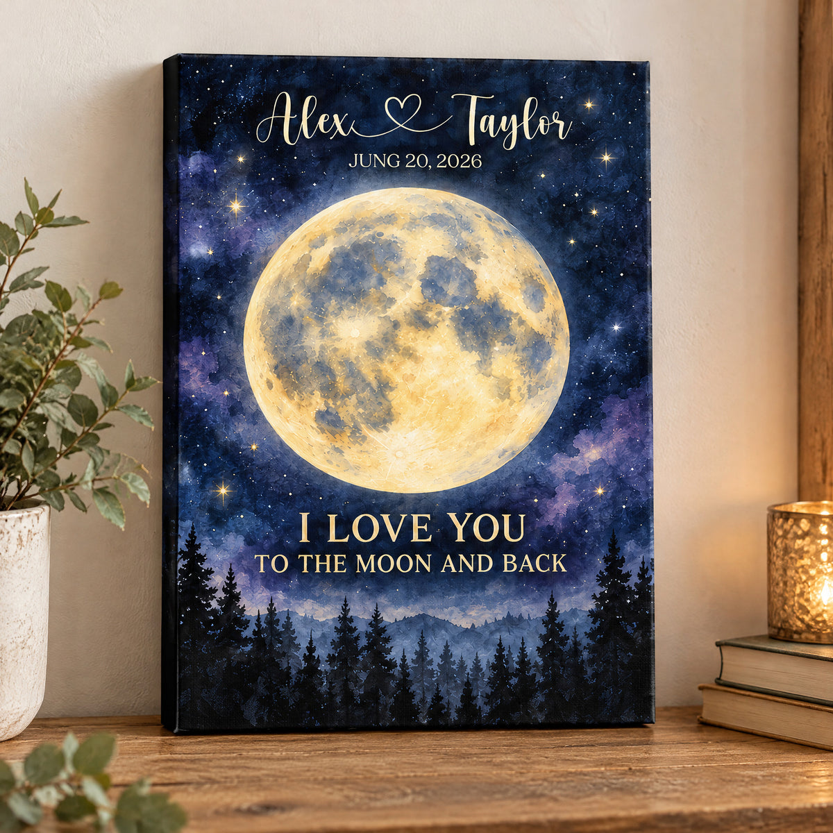 Watercolor Moon Forest - Personalized Canvas, Anniversary Gift