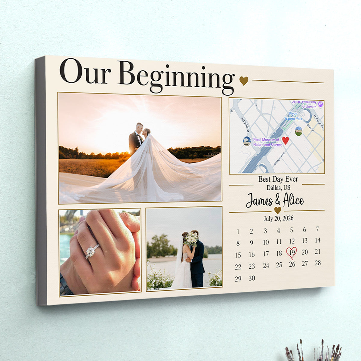 Our Beginning Custom Couple Photo Collage Wall Art, Personalized Love Story Map and Special Date Calendar Canvas, Romantic Anniversary Gift for Him or Her, Engagement Keepsake