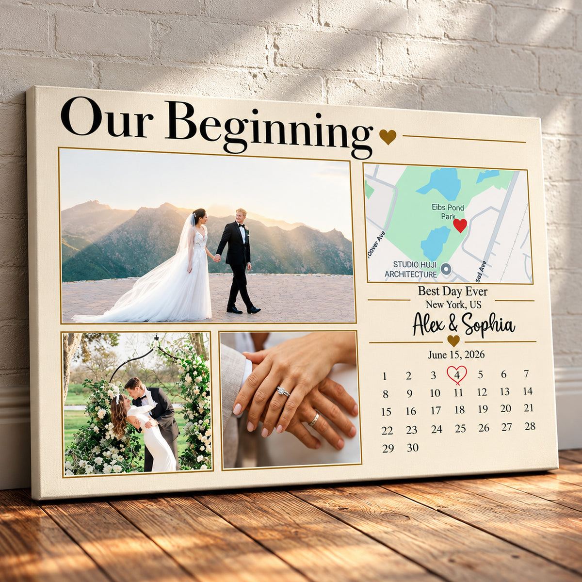 Our Beginning Custom Couple Photo Collage Wall Art, Personalized Love Story Map and Special Date Calendar Canvas, Romantic Anniversary Gift for Him or Her, Engagement Keepsake