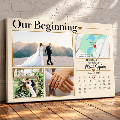 Our Beginning Custom Couple Photo Collage Wall Art, Personalized Love Story Map and Special Date Calendar Canvas, Romantic Anniversary Gift for Him or Her, Engagement Keepsake