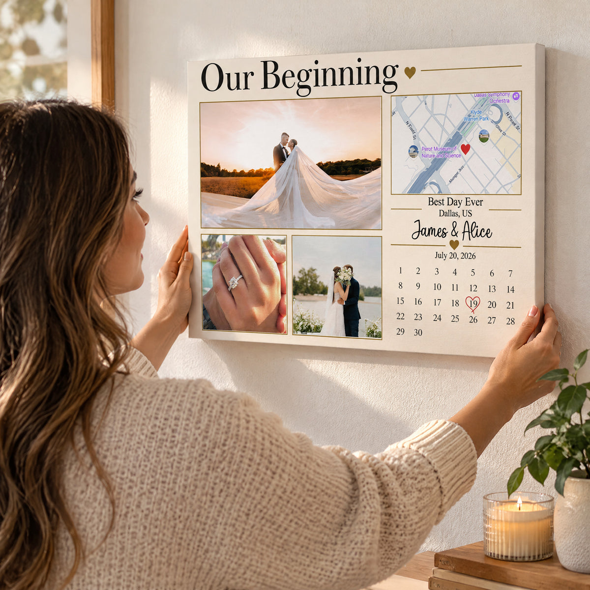 Our Beginning Custom Couple Photo Collage Wall Art, Personalized Love Story Map and Special Date Calendar Canvas, Romantic Anniversary Gift for Him or Her, Engagement Keepsake