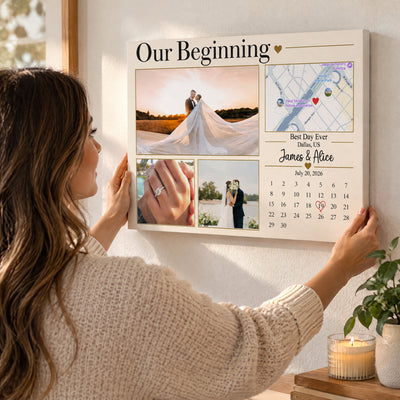 Our Beginning Custom Couple Photo Collage Wall Art, Personalized Love Story Map and Special Date Calendar Canvas, Romantic Anniversary Gift for Him or Her, Engagement Keepsake