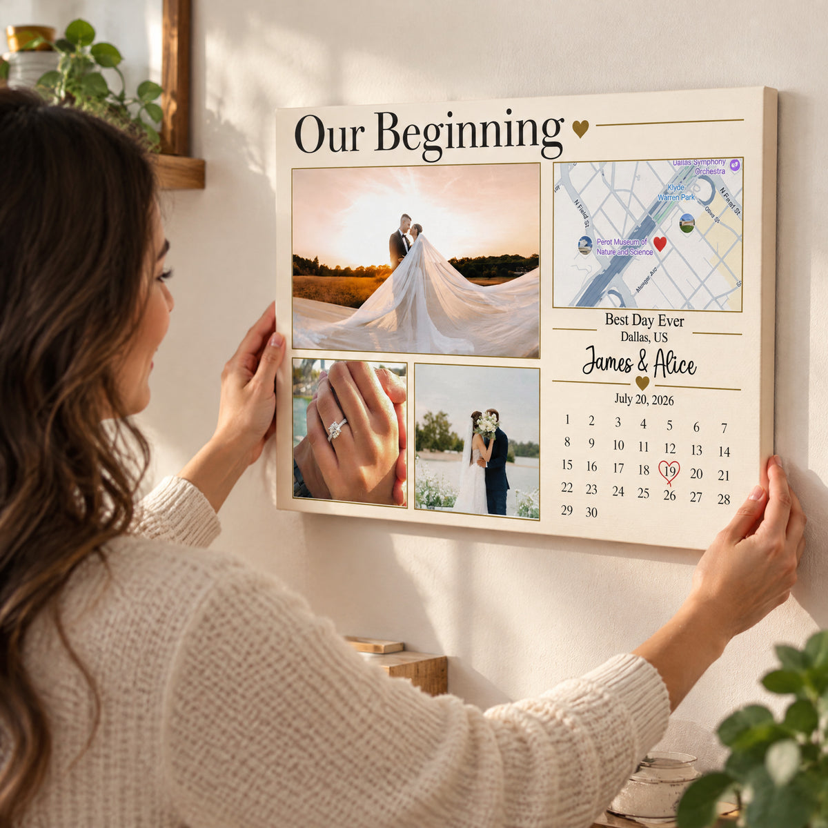 Our Beginning Custom Couple Photo Collage Wall Art, Personalized Love Story Map and Special Date Calendar Canvas, Romantic Anniversary Gift for Him or Her, Engagement Keepsake
