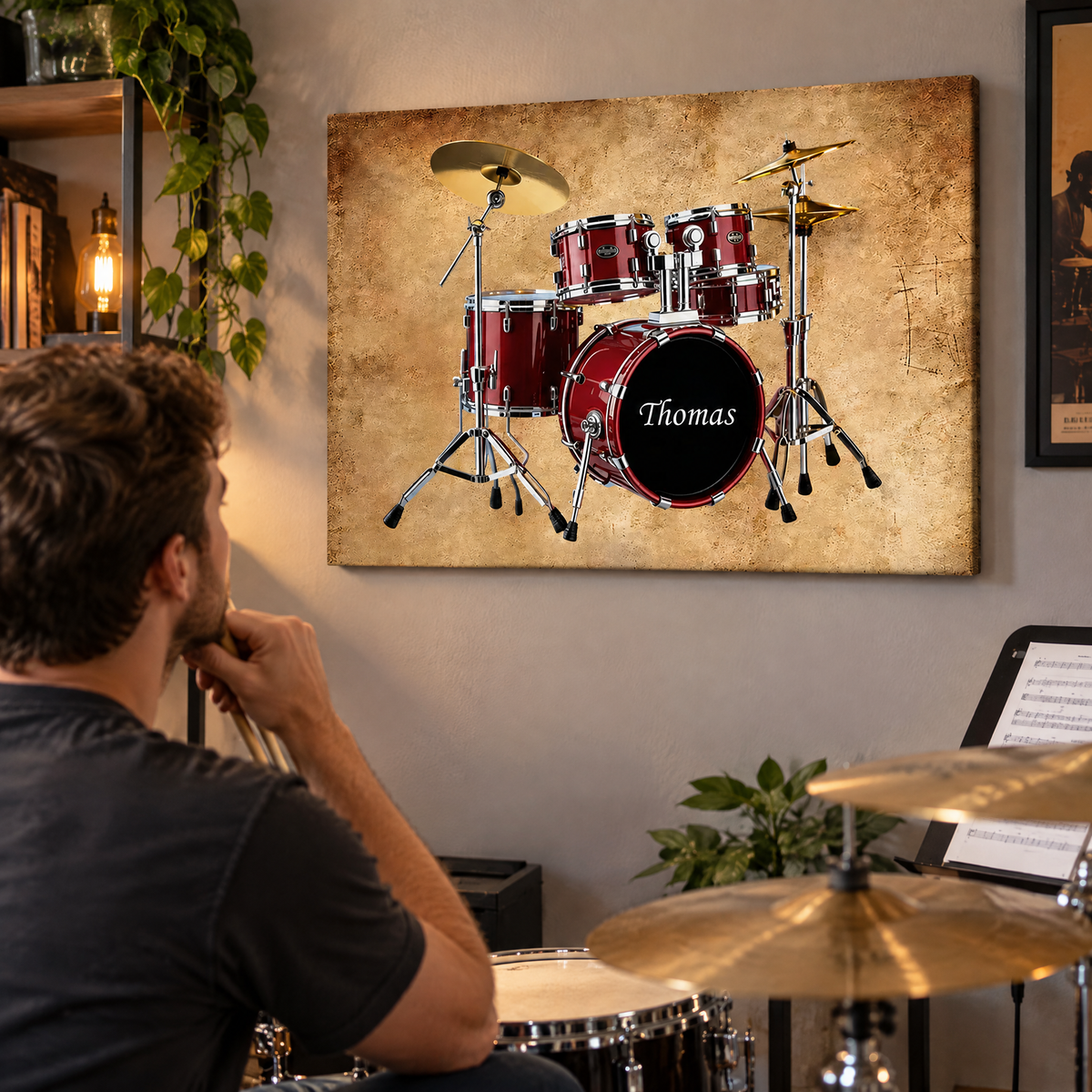 Happiness Is A Pair of Sticks And A Drum Set - Personalized Canvas, Gift For Drum Lovers, Music Lover Gift