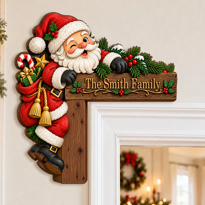 Cozy Christmas Santa - Personalized Door Corner Wood Sign, Peeking Santa, Christmas Door Decor