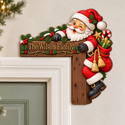 Cozy Christmas Santa - Personalized Door Corner Wood Sign, Peeking Santa, Christmas Door Decor