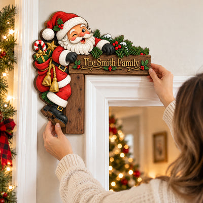 Cozy Christmas Santa - Personalized Door Corner Wood Sign, Peeking Santa, Christmas Door Decor