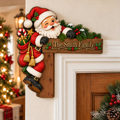 Cozy Christmas Santa - Personalized Door Corner Wood Sign, Peeking Santa, Christmas Door Decor